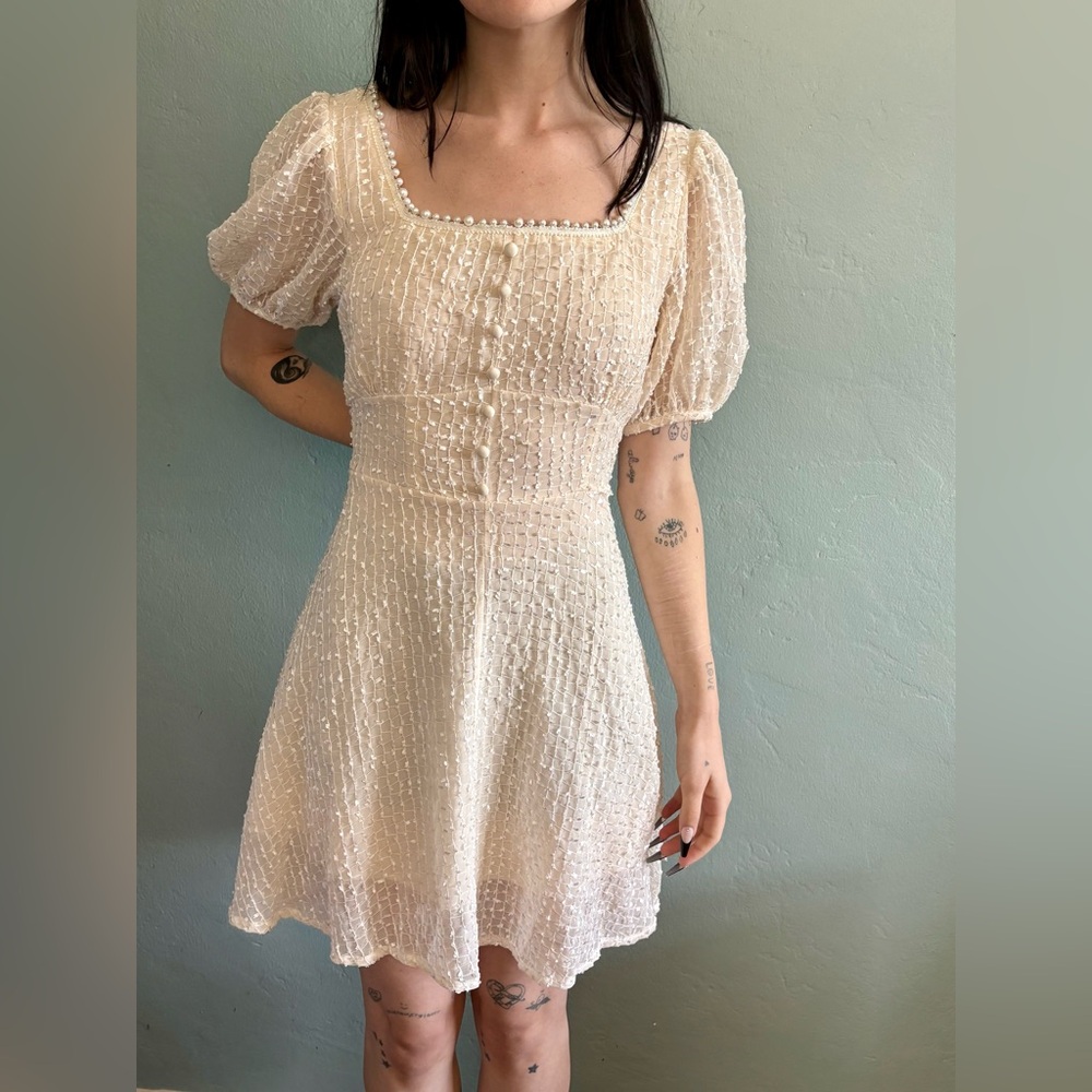 LSF Cream Pearl Trimmed Lace Dress Feminine Alternative Coquette Small